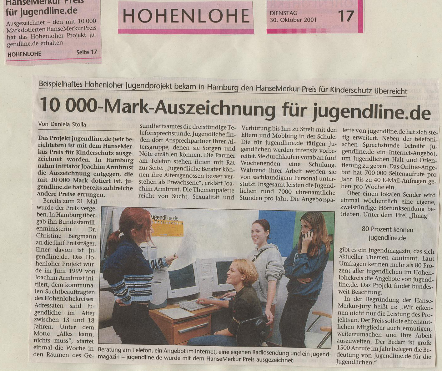 Jungendline - HanseMerkur Kinderschutzpreis - Artikel Hohenloher Tagblatt