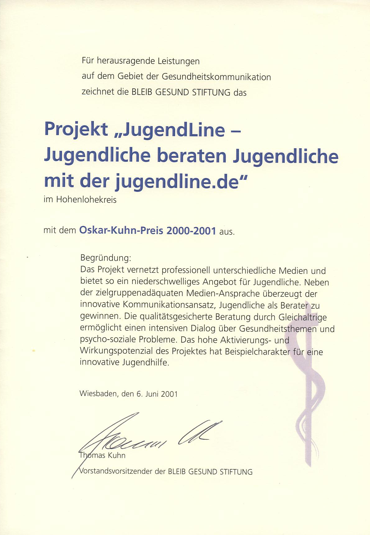 Jugendline - Oskar Kuhn Preis - Auszeichnung