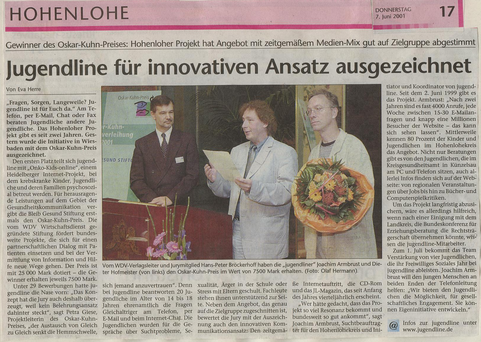 Jugendline - Oskar Kuhn Preis - Artikel Hohenloher Tagblatt