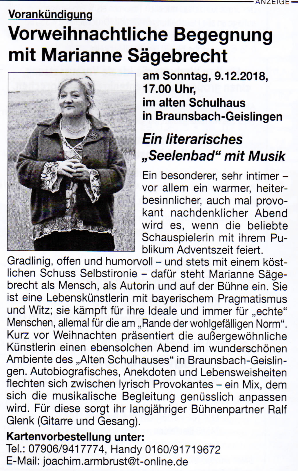 Marianne Sägebrecht Anzeige Braunsbacher Amtsblatt